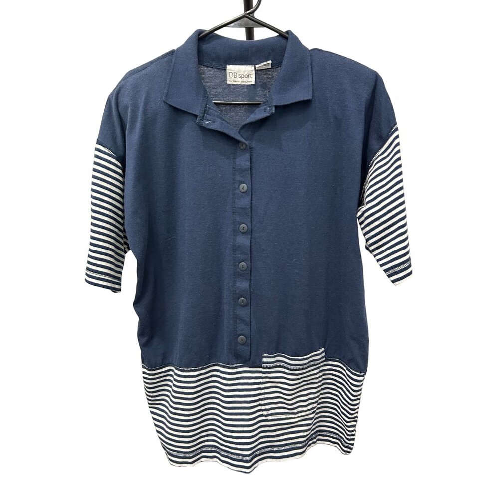 DB Sport By David Benjamin Polo Shirt Size L Navy Blue White Striped